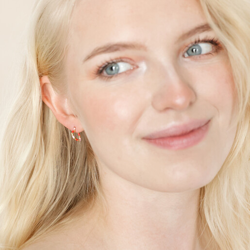 Pink and Red Enamel Striped Heart Hoop Earrings on Model