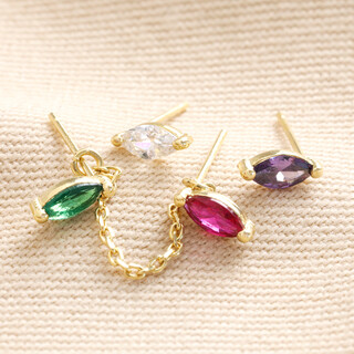 Set of 2 Colourful Crystal Chain Stud Earrings in Gold