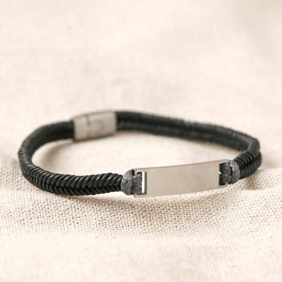Men's Fishtail Plaited Leather ID Bracelet in Grey S/M