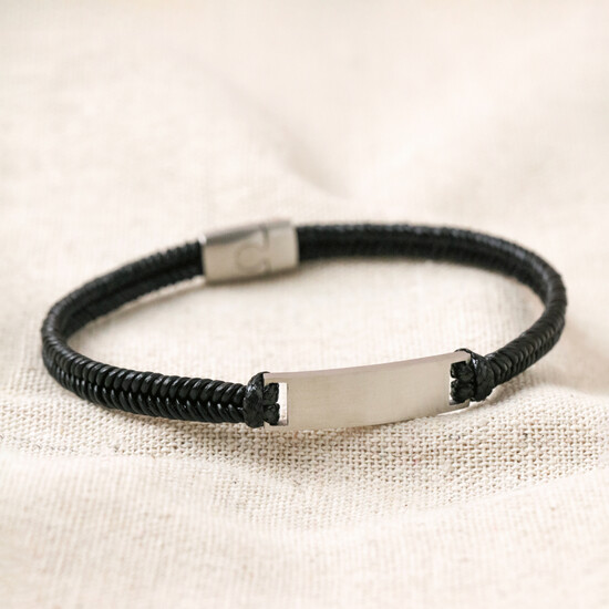 Men's Fishtail Plaited Leather ID Bracelet in Black S/M