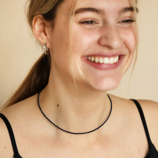 Necklace on Model Delicate Blue Stone Beaded Necklace On Smiling Model