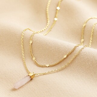 Gold Stainless Steel Double Chain Rose Quartz Point Necklace