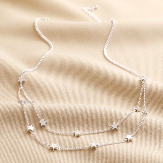 Double Chain and Star Charm Necklace in Silver