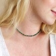 Blonde model wearing Gold Stainless Steel Stone Bead Necklace in Green on short length