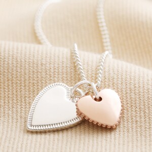 Textured Double Heart Necklace Silver with Rose Gold