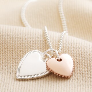 Mixed Metal Textured Double Heart Necklace in Silver