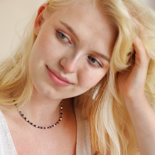 Semi-Precious Stone Bead Necklace in Blue on Model