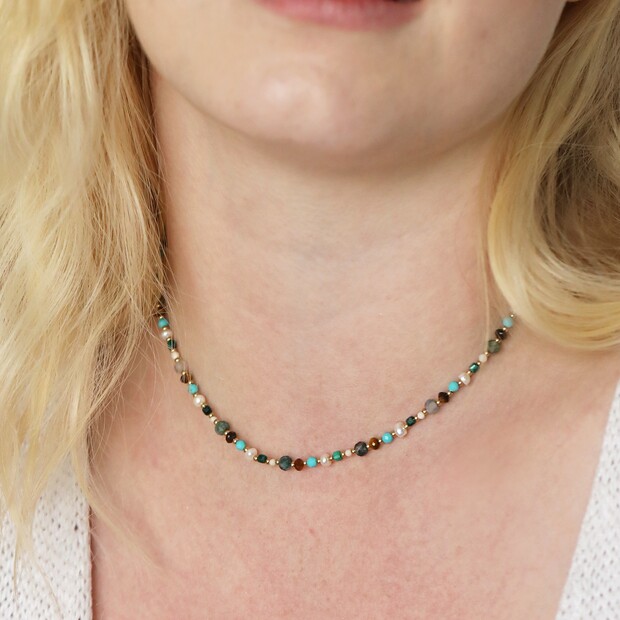 Semi-Precious Stone Bead Necklace in Blue and Green