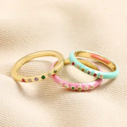 Set of 3 Enamel and Crystal Stacking Rings in Gold