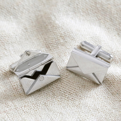Silver Envelope Cufflinks Open on Cream Background 