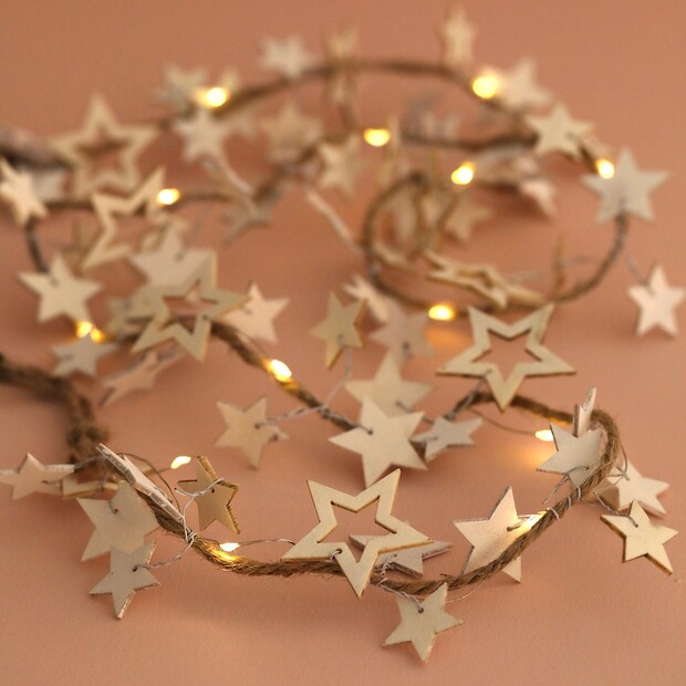 Battery Powered LED Wooden Star Garland