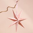 Handmade Pink Velvet Star Hanging Decoration on Branch Against Pink Surface 