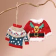 Red Father Christmas Jumper Hanging Decoration hanging from tree branch with blue version