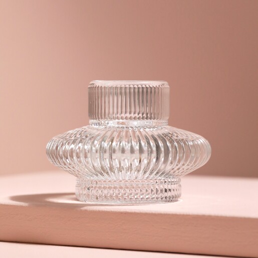 Two in One Small Fluted Glass Candle Holder against neutral background