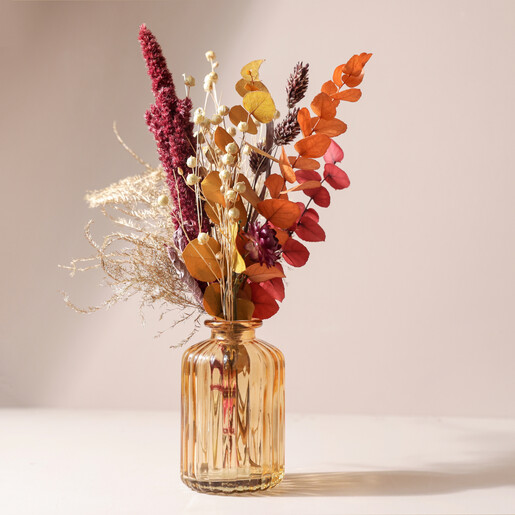 Earthly Amber Dried Flower Posy with Vase on White Background