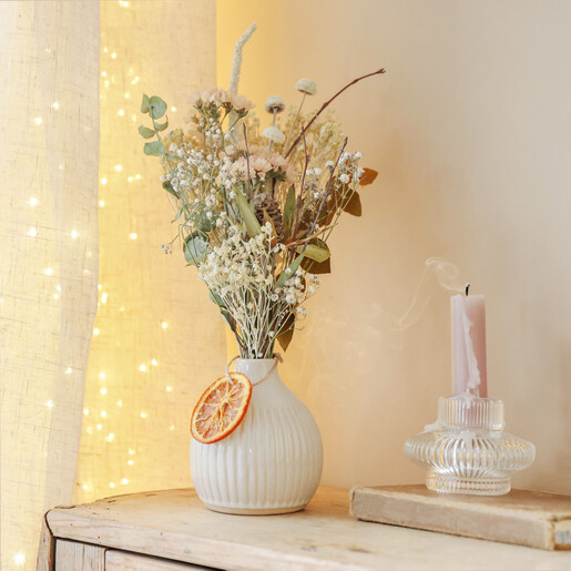 Lifestyle shot of Gingerbread Dried Flower Posy in Vase on Wooden Dresser