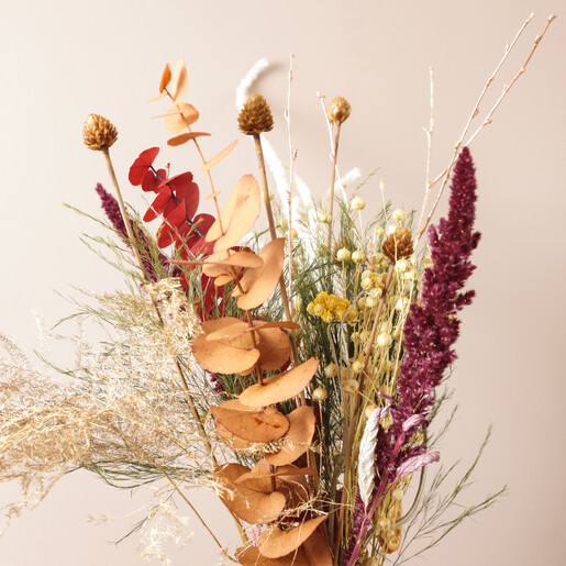 Close up of Flowers in Large Earthly Amber Dried Flowers Letterbox Gift