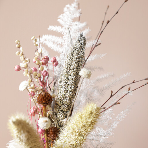 Close Up of Flowers in Winter Solstice Dried Flower Posy with Vase