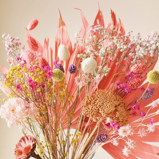 Close up of pretty flower details in the Tutti Frutti Dried Flower Bouquet