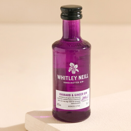 5cl Bottle of Whitley Neill Rhubarb and Ginger Gin on a neutral background