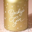 Close up of personalisation on Personalised 700ml Gold Starry Gin with neutral background