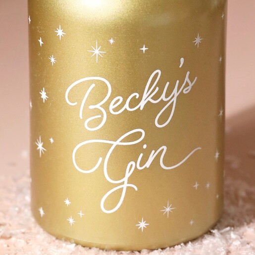 Close up of personalisation on Personalised 700ml Gold Starry Gin with neutral background