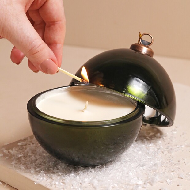 Holly and Fir Tree Glass Bauble Candle