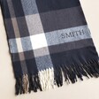 Close up of the personalised details on the Personalised Embroidered Navy Striped Winter Scarf 