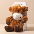Warmies Junior Highland Cow Soft Toy in packaging against neutral background