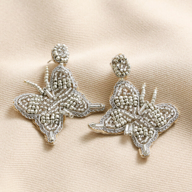 My Doris Silver Beaded Butterfly Drop Earrings