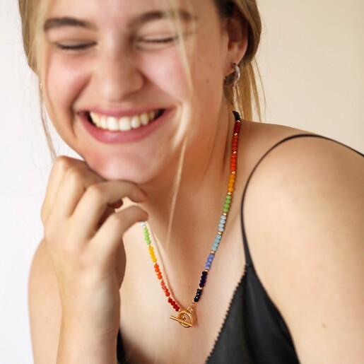 Smiling Model Wearing My Doris Rainbow Beaded Necklace in Gold
