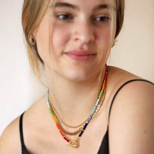odel Wearing My Doris Rainbow Beaded Necklace in Gold
