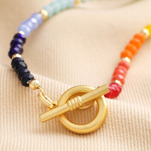 Close up of Clasp on My Doris Rainbow Beaded Necklace in Gold