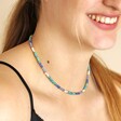 Close up of My Doris Set of Three Blue Beaded Necklaces on Model