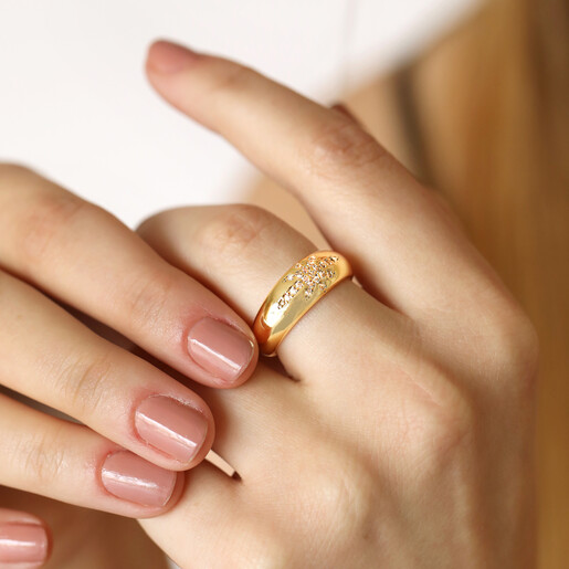 Close up of My Doris Adjustable Scattered Crystal Star Ring in Gold on model
