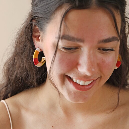 Earrings On Model Colourful Enamel Striped Hoop Earrings in Gold On Model Looking Down
