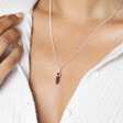 Close up of model wearing the Amethyst Crystal Point Necklace in Silver