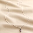 Full length Amethyst Crystal Point Necklace in Silver on beige fabric