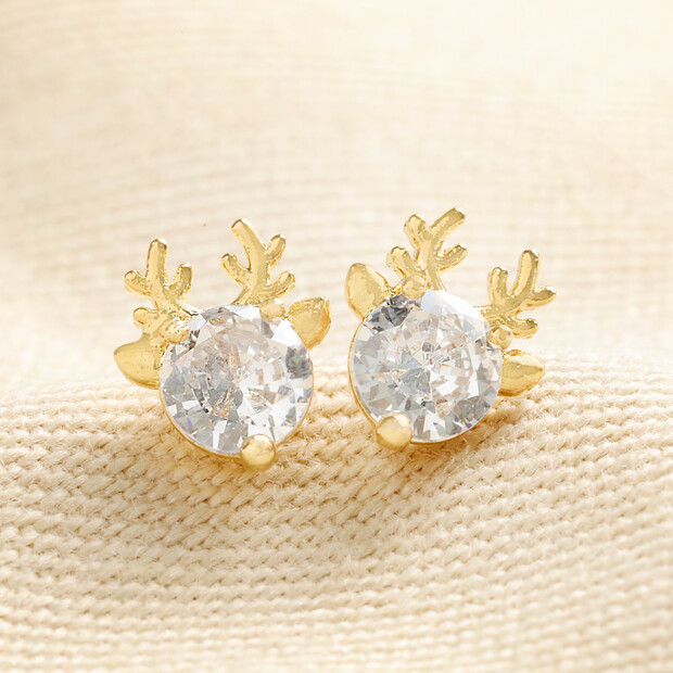 Festive Crystal Reindeer Stud Earrings in Gold