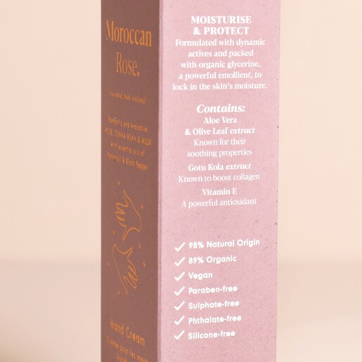Aery Morrocan Rose Hand Cream on a neutral background side of pack
