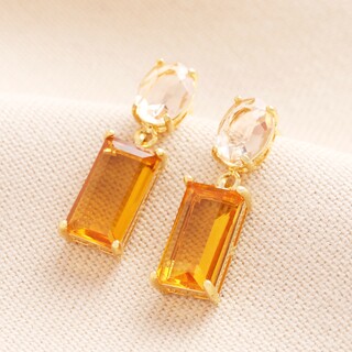 Amber Rectangle Crystal Drop Earrings in Gold