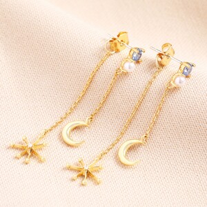 Blue Crystal and Pearl Celestial Drop Earrings in Gold