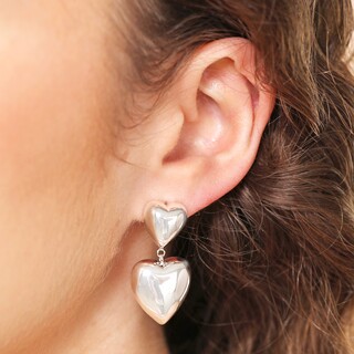 Chunky Double Heart Drop Earrings in Silver