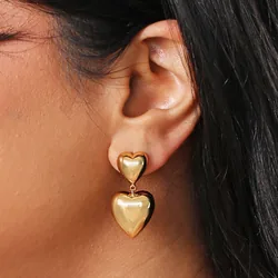 Chunky Double Heart Drop Earrings in Gold