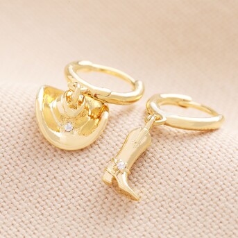 Mismatched Cowboy Boot and Hat Huggie Hoop Earrings in Gold