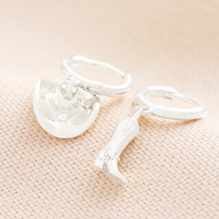 Mismatched Cowboy Boot and Hat Huggie Hoop Earrings in Silver