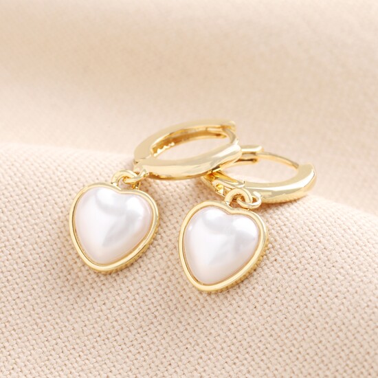 Pearl Heart Charm Huggie Hoop Earrings in Gold