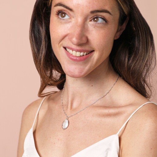 Model Shot Model Shot of Personalised Oval Locket Necklace in Silver