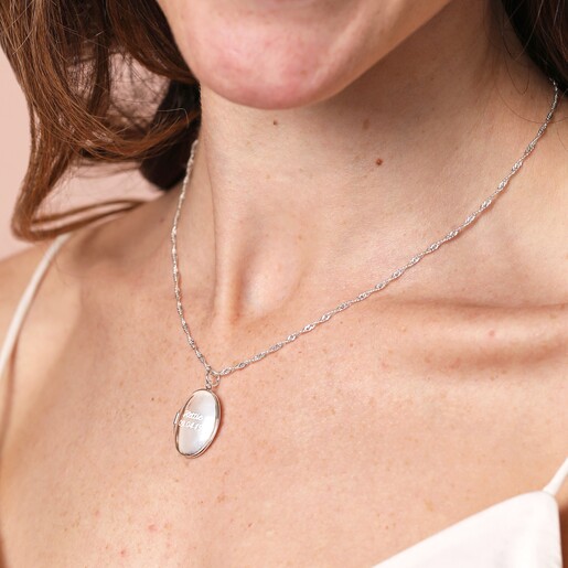 Close UP Model Shot Close Up Model Shot of Personalised Oval Locket Necklace in Silver
