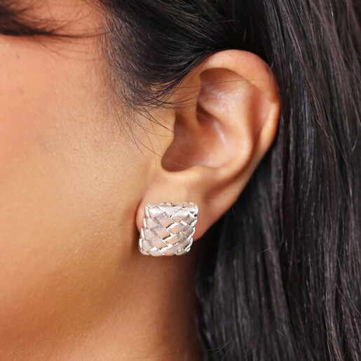 Close Up Model Shot Square Woven Stud Earrings in Silver on model